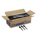 Open cardboard box of stacked black Dixie plastic teaspoons with three spoons displayed in front