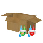 Open cardboard box with two Febreze refill bottles (Gain and Berry & Bramble) illustrated in front with quantity badges