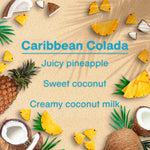 Graphic panel with text 'Caribbean Colada' and descriptive notes over a sandy background with pineapple and coconut pieces.