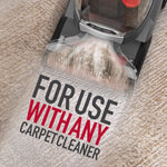Top-down view of a carpet cleaner head scrubbing a light carpet with overlaid text stating for use with any carpet cleaner.