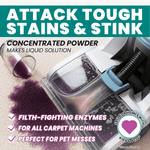 Close-up lifestyle graphic of a carpet cleaner machine extracting purple solution with text calling out enzymes and stain-fighting power.