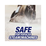 Close-up photo of a carpet cleaning machine head steaming a carpet with 'Safe for popular steam machines' text