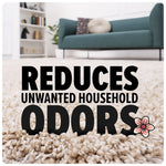 Close-up lifestyle shot of a beige shag carpet with large text overlay reading "REDUCES UNWANTED HOUSEHOLD ODORS" and a couch in background.