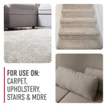 Three-panel collage showing carpet, carpeted stairs and an upholstered couch with text for use on carpet, upholstery, stairs & more