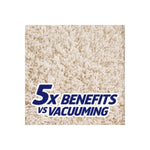 Carpet close-up texture background with bold text stating '5x benefits vs vacuuming'