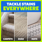 Three-panel image showing carpeted stairs, a textured rug and a bathroom mat with caption “TACKLE STAINS EVERYWHERE”