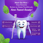 Purple infographic featuring a smiling cartoon tooth holding two mini toothbrushes and callouts for soft bristles and ergonomic grip.