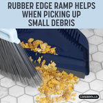 Casabella dustpan with rubber edge shown collecting cereal flakes on hex tile floor and headline about rubber edge ramp