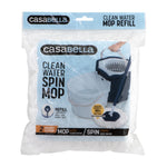 Clear plastic retail package showing Casabella branding and a packaged white spin mop refill