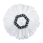 Top-down view of a white microfiber spin mop head with a black hex plastic connector
