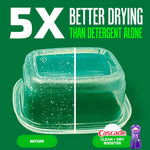 Split-image infographic showing a plastic container 'before' with water spots and 'after' side much clearer, labeled '5X Better Drying'.