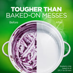 Before-and-after style image of a white baking dish half covered in baked-on purple residue and half clean