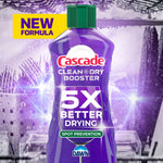 Purple Cascade Clean + Dry Booster bottle with green cap over a dishwasher interior background and 'NEW FORMULA' callout