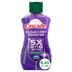 Front-facing purple Cascade Clean + Dry Booster bottle with green cap and 8.45 fl oz label accent