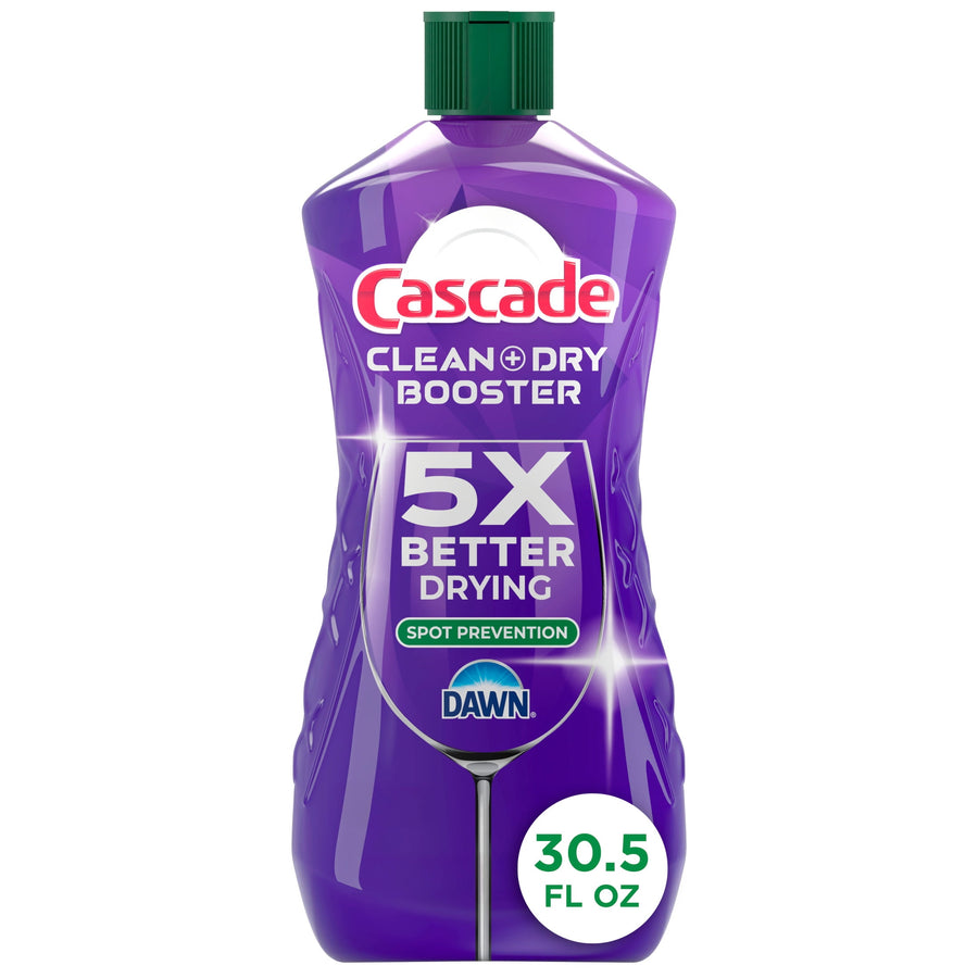 Purple Cascade Clean + Dry Booster bottle with green cap showing '5X Better Drying' label and 30.5 fl oz callout
