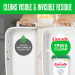 Split before-and-after image comparing a dirty and clean white baking dish with Cascade Free & Clear branding
