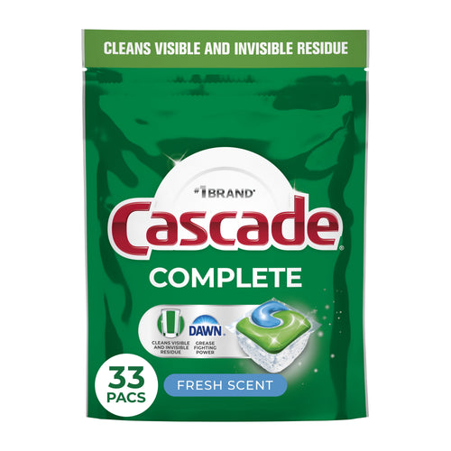 Front-facing Cascade Complete green pouch showing logo, Dawn badge, pod image and '33 pacs' with fresh scent label