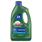 Green Cascade Complete dishwasher detergent bottle with blue cap and label reading ‘Powers Away’ and Dawn logo on a white background.