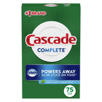 Front-facing box of Cascade Complete dishwasher detergent powder with green design and Dawn logo, 75 oz label visible