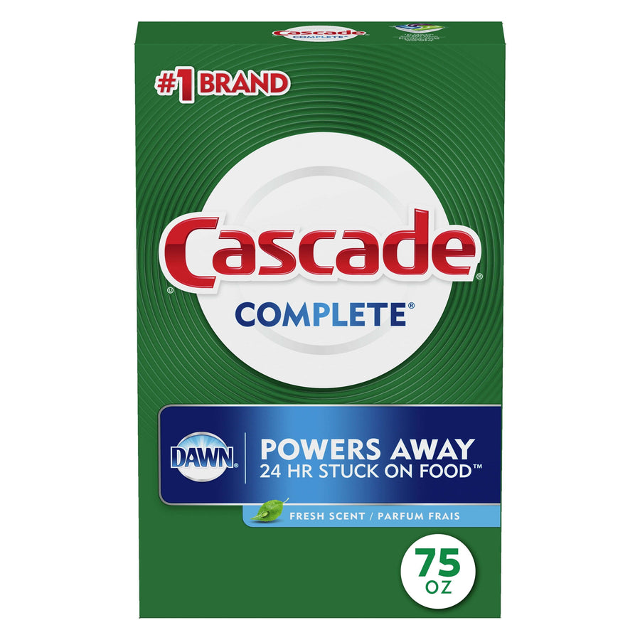 Front-facing box of Cascade Complete dishwasher detergent powder with green design and Dawn logo, 75 oz label visible