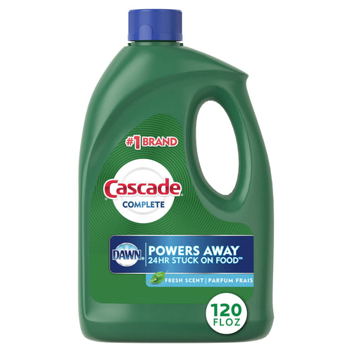 Green Cascade Complete liquid gel jug with blue cap and Dawn badge, 120 fl oz label visible