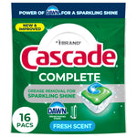 Front-facing green Cascade Complete pouch showing a single green-blue dishwasher pac graphic and Dawn logo
