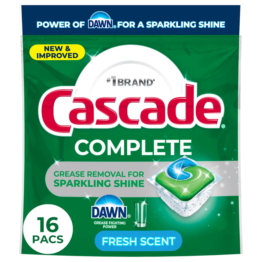 Front-facing green Cascade Complete pouch showing a single green-blue dishwasher pac graphic and Dawn logo