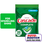 Green resealable pouch of Cascade Complete dishwasher pods with a pod illustration and '33 pacs' callout