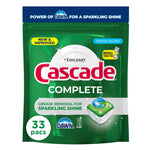 Green resealable pouch of Cascade Complete dishwasher pacs with Dawn logo and '33 pacs' badge