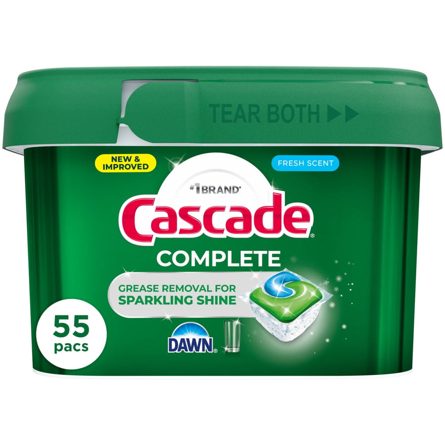 Green Cascade Complete plastic tub with lid showing logo, detergent pod image and '55 pacs' badge