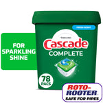 Green Cascade Complete plastic tub with product logo, 78 pacs badge and Roto-Rooter safe for pipes badge