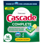 Front-facing green Cascade Complete pouch showing action pac graphic, Dawn logo, lemon slice and '16 pacs' circle
