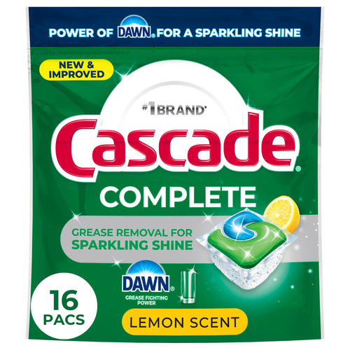 Front-facing green Cascade Complete pouch showing action pac graphic, Dawn logo, lemon slice and '16 pacs' circle