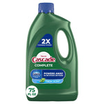 Single green Cascade Complete liquid gel detergent jug with blue cap and visible label showing powers away and 75 fl oz badge