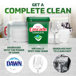 Cascade Complete green tub staged on a kitchen counter with clean dishes and text 'Get a complete clean' above.