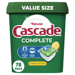 Front-facing green Cascade Complete value-size tub showing a lemon, detergent pod graphic and '78 PACS' circle.