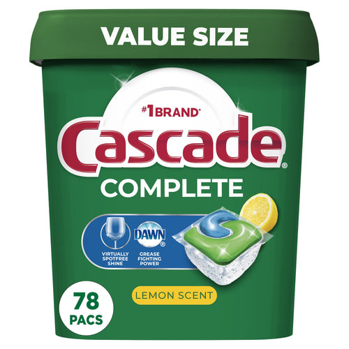Front-facing green Cascade Complete value-size tub showing a lemon, detergent pod graphic and '78 PACS' circle.