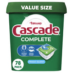 Close-up of a Cascade Complete value size green tub showing logo, detergent pod graphic and 78 pacs badge