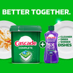 Cascade Complete tub paired with a purple Cascade Clean & Dry Booster bottle and 'Better Together' headline