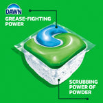 Close-up stylized illustration of a two-tone green and blue Cascade dishwasher pod highlighting Dawn grease-fighting and scrub power