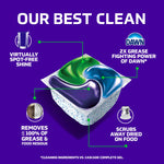 Close-up stylized image of a Cascade Platinum Plus detergent pod with callouts for cleaning benefits on purple background