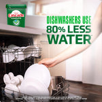 Person loading white dishes into a dishwasher with overlay text stating dishwashers use 80% less water and a small Cascade tub graphic