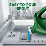 Close-up of a green Cascade jug pouring blue gel into a dishwasher detergent compartment with text “Easy-to-Pour Spout”