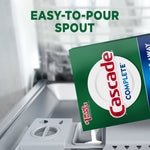 Close-up lifestyle image of Cascade Complete box being poured into a dishwasher dispenser with ‘Easy-to-pour spout’ headline