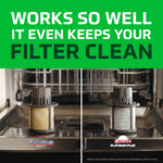 Split comparison of dishwasher filters showing a discolored dirty filter on the left labeled ‘Competition’s Best’ and a cleaner filter on the right
