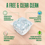 Informational graphic showing a Cascade Free & Clear pod with callouts for biobased ingredients and no bleach