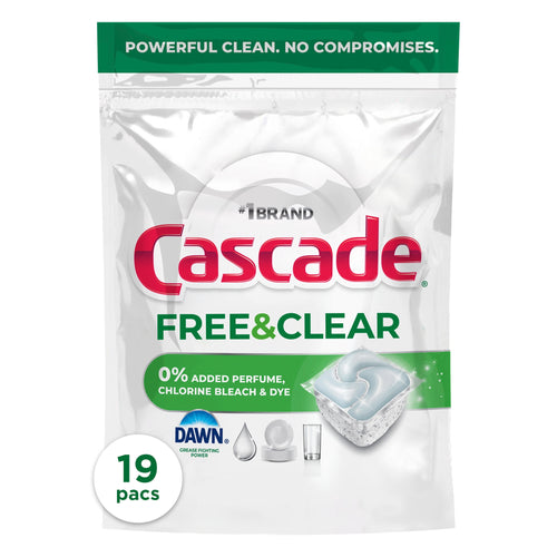 Front-facing pouch of Cascade Free & Clear dishwasher pods with green header and pod image