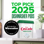 Promotional graphic showing Cascade Free & Clear tub on a counter with 'Top Pick 2025' and Wirecutter badge