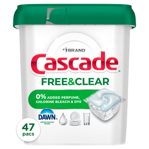 White Cascade Free & Clear plastic tub with green lid and a single dishwasher pod image