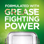 Promotional green graphic reading ‘Formulated with Grease Fighting Power’ above a shiny stainless pan and sparkle effects
